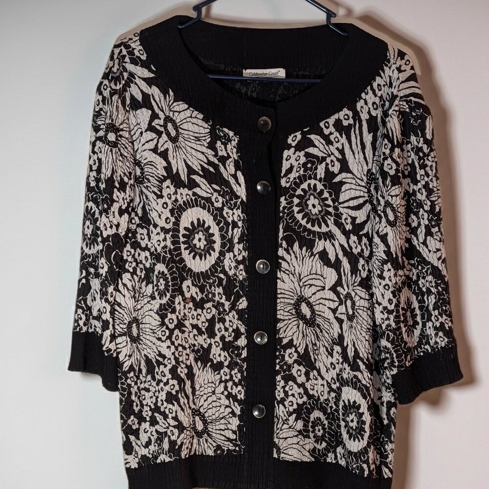 Coldwater Creek Floral Crinkle Cardigan Black White Mandala 3/4 Sleeve M L